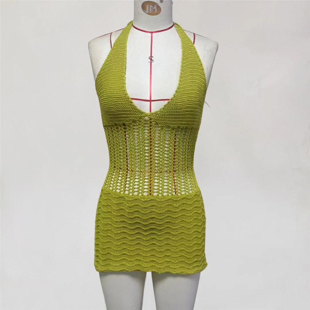 S - XL Halter V-Ausschnitt Rückenfreie Häkel-Strick-Tunika Strand-Überwurf Strandkleid Strandmode Damen V8238 – Detail 5
