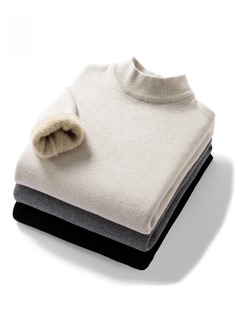 

Мужской вязаный свитер Rampo с высоким воротником, на флисовой подкладке, утепленный, зимний, теплый базовый слой, молодежный повседневный лонгслив