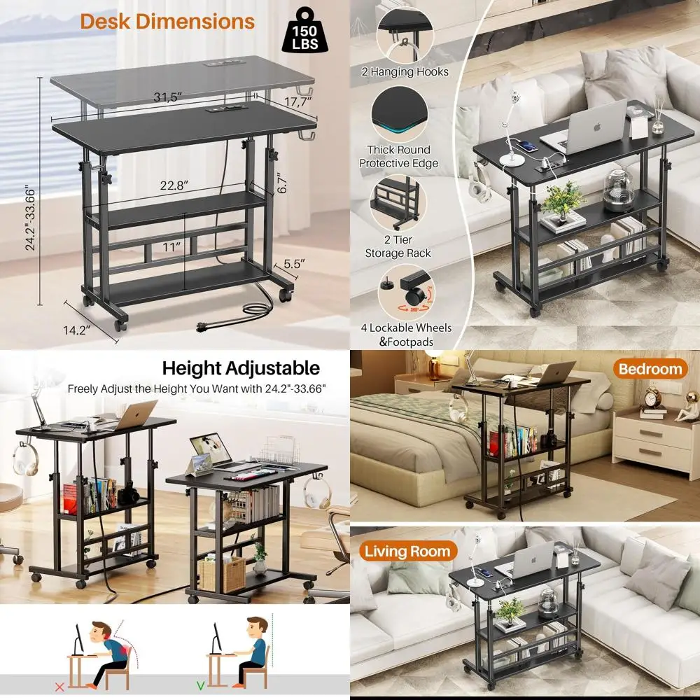 

Ergonomic Adjustable Height Desk with Storage and Power Outlets, Compact Rolling Stand-Up Laptop Desk (Black)