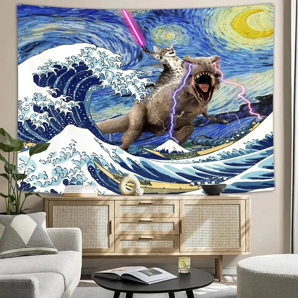 Funny Cat Dinosaur Tapestry, Cool Cats Ride Dinosaurs on Blue Teal Ocean Underwater Animal Fish Seashell Jellyfish