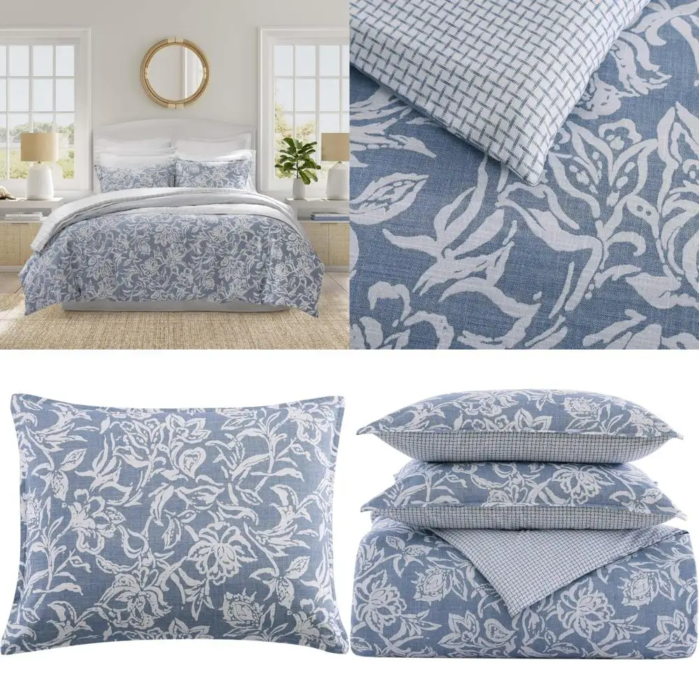 

King Size Reversible Cotton Duvet Cover Set with Matching Shams in Elegant Floral Design, Tortola Blue