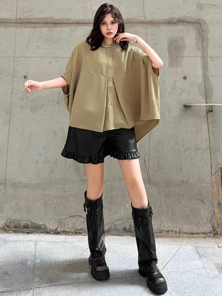 

Khaki Back Women Long Irregular Big Size Blouse New Stand Collar Short Sleeve Shirt Fashion Spring Summer 2026 CZH9