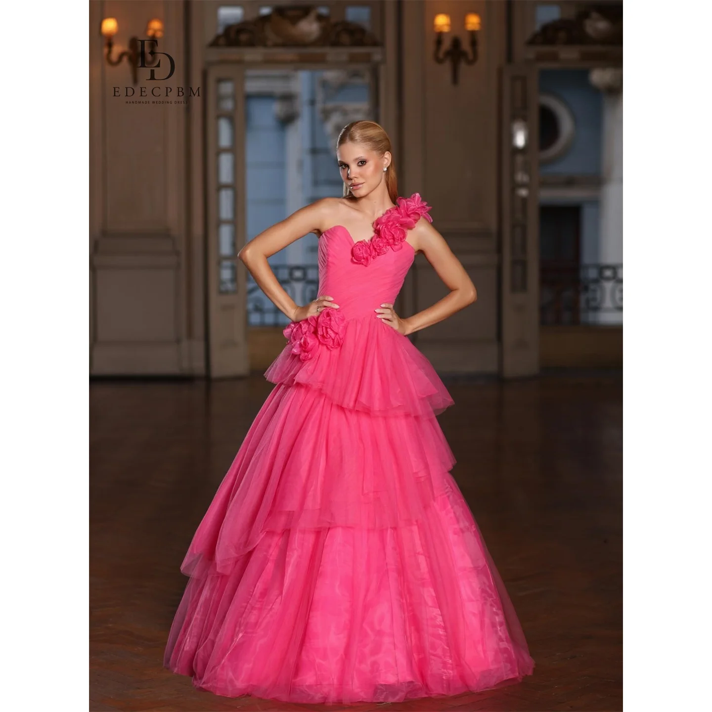 

EDECPBM Tulle One-Shoulder Pink Ball Gown Evening Dress 2026 Prom Dress Women Ladies Party Gala Prom Elegant Customized