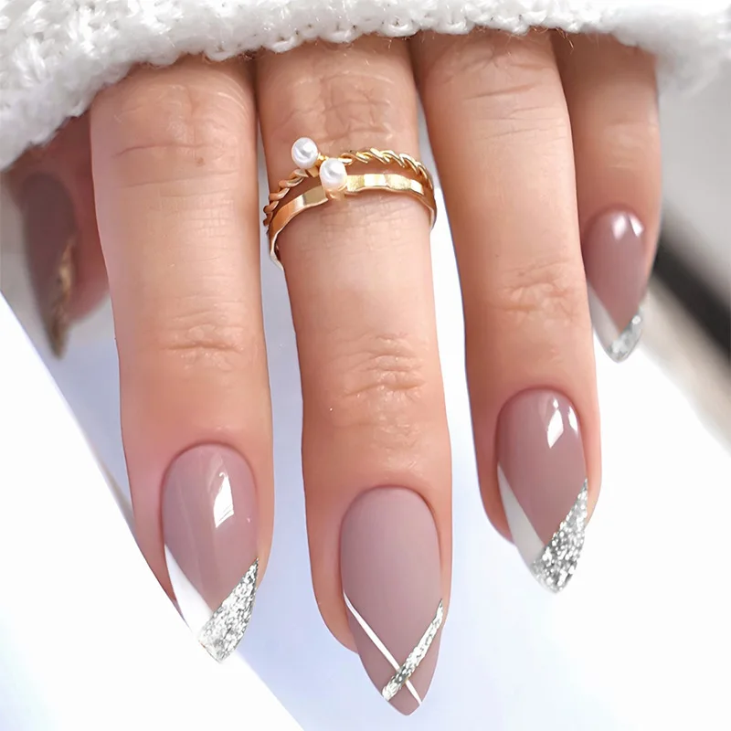 24 szt. Sztuczne paznokcie migdałki, żółte francuskie tipsy z błyszczącymi proszkowymi liśćmi, krótkie okrągłe paznokcie do wciskania wielokrotnego użytku