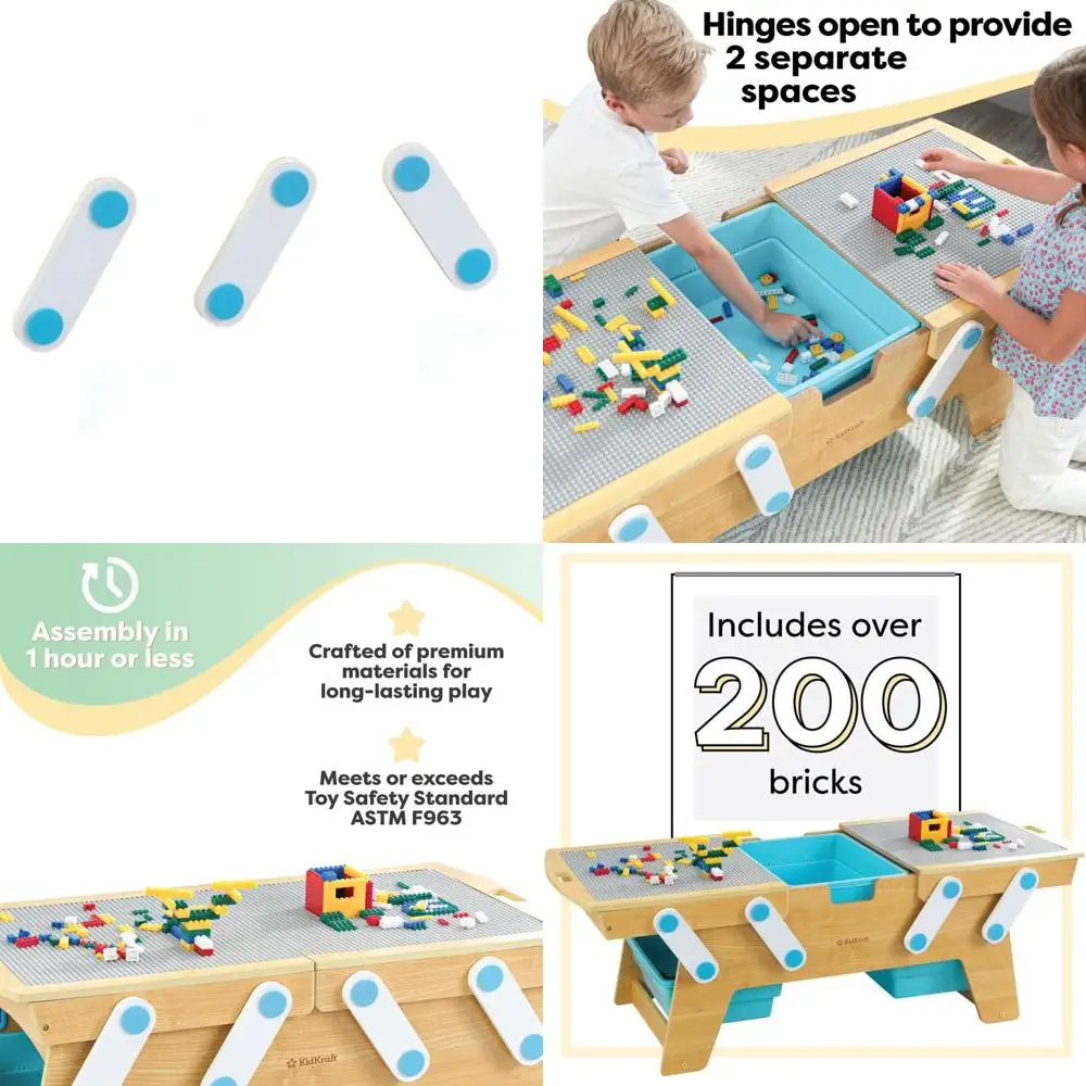 Natural Wooden Play Table with Storage Bins and Over 200 Building Blocks for Kids Ages 3+