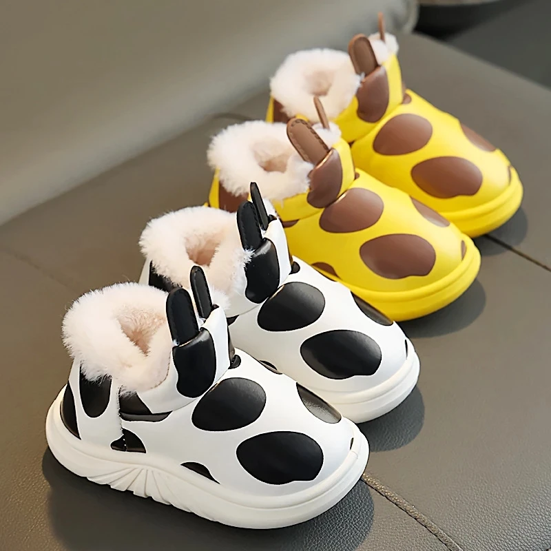 

Children's Cotton Slippers Thickened Plush Anti-skid Parent-child Bag With Cow Pu Leather Waterproof Boys Girls Cotton Shoes