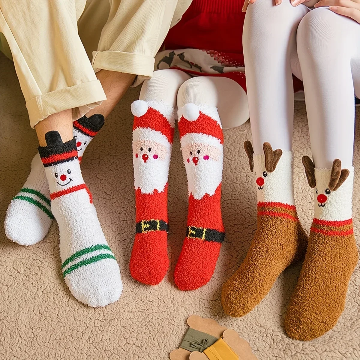 

1Pairs Christmas Fuzzy Socks, Winter Soft Thick Fleece Warm Slipper Socks, Christmas Theme Pattern Casual Crew Socks