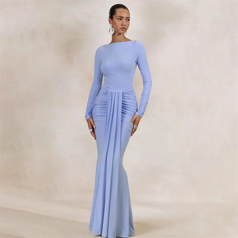 Yellow Prom Dress Sexy Long‑Sleeve Ruched Hip‑Hugging Mermaid Maxi Party Gown Slim Fit Draped Formal Evening Wedding Robe