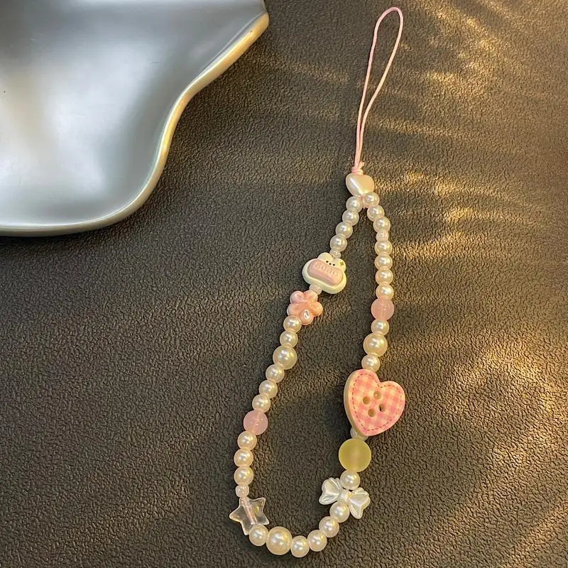 Cute Korean Pink Button 3D Beaded Phone Lanyard Anti-Lost Universal Wrist Phone Chain for Women Fashion Accessory view 2