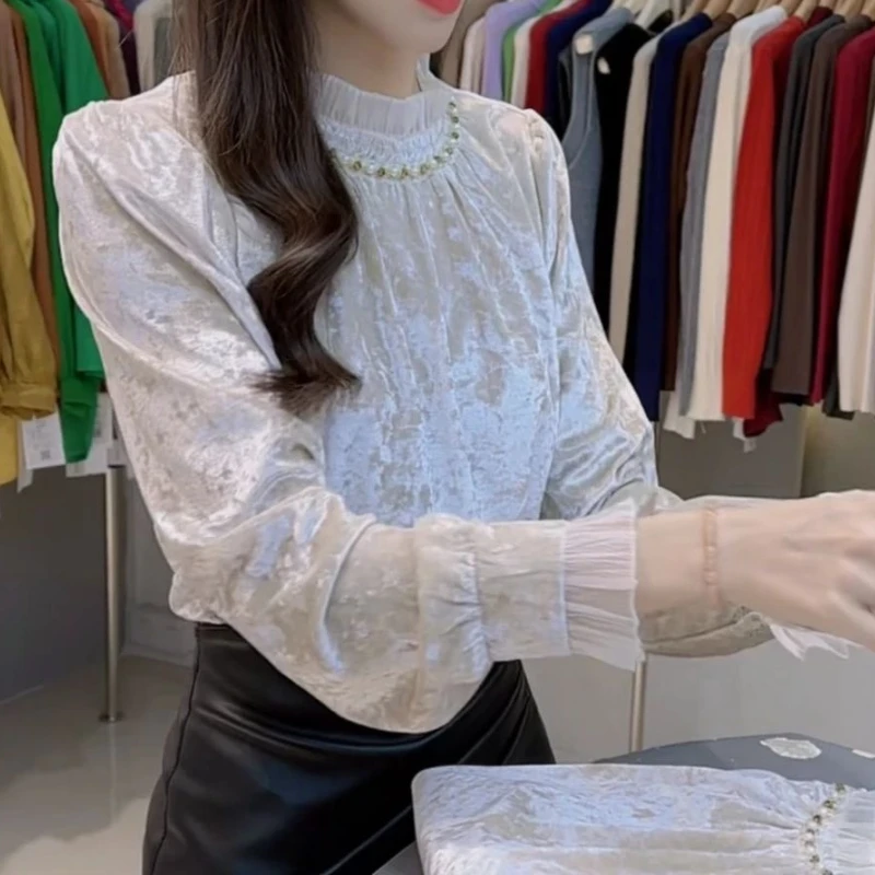 

Stylish Pleuche Top Two-Way Wear Bow Base Layer Women's Autumn/Winter Outer Wear Trendy Lantern Sleeve Button-Up Shirt TT182
