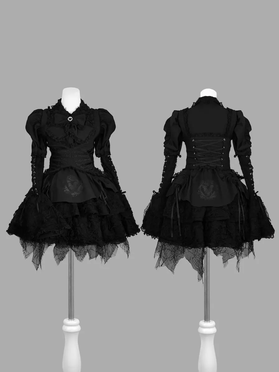 Dark gothic cool girl Japanese lace dress women's waist multi-layer skirt sexy lolita dress cos punk women's long-sleeved dress view 6