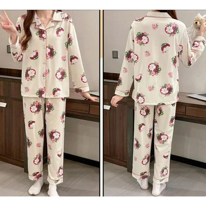 2024 New Pajama Women Summer Spring Autumn Sleepwear Long Sleeved Thin Cute Loungewear Oversized Cardigan Homewear Two-piece Set