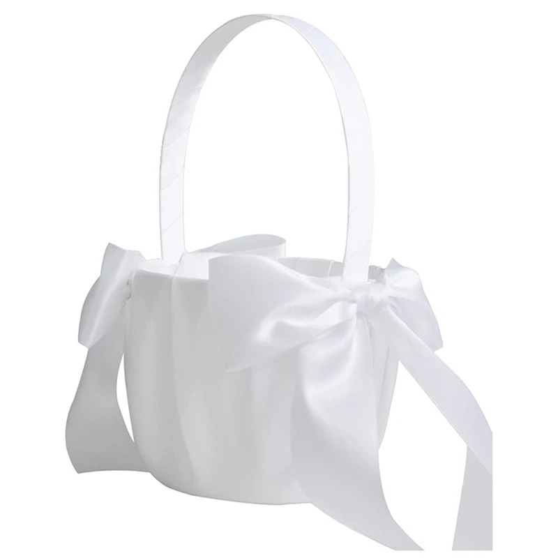 4Pack White Flower Girl Basket Wedding Basket For Flower Girls Cute Satin Flower Girl Basket