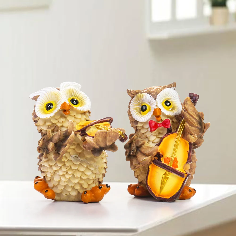 Resin Playing Music Owl Figurine Miniature Animal Statue Fairy Garden Nordic Home Decoration Anti-bird Props Art Craft Gift