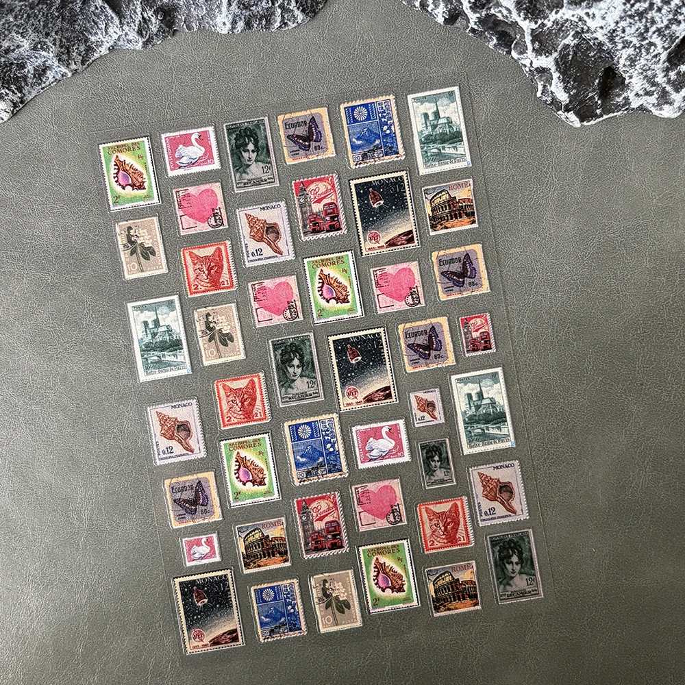 Vintage Stamp Stickers Sheet Transparent PET Adhesive Labels For Scrapbooking Journal Dark Academia Stationery Girl Gifts