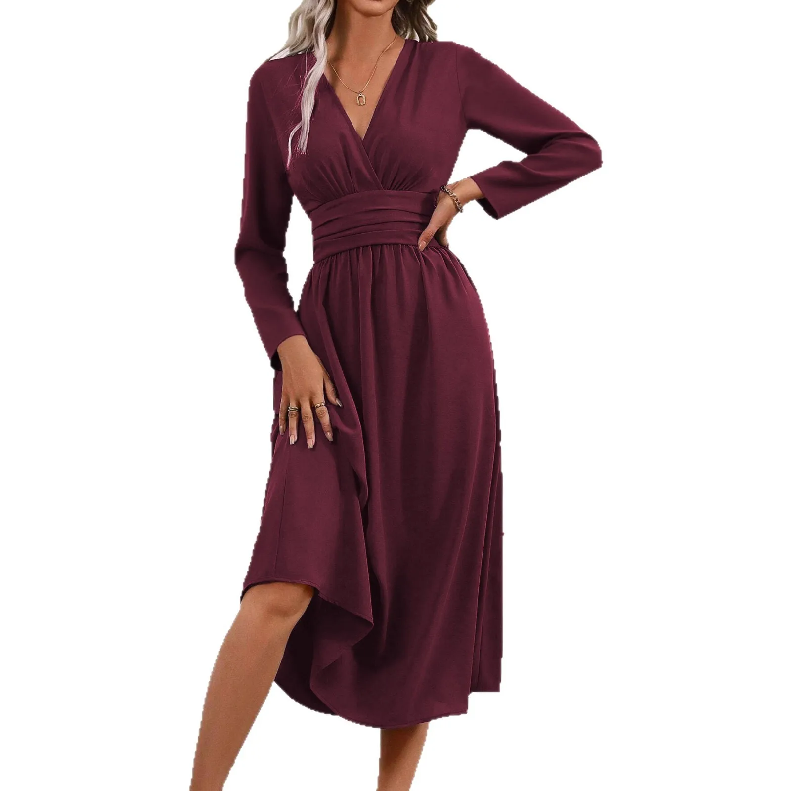 Long Sleeve Pleated Waist Dresses a Line Commuter Chic with Elegant and Refined Regular Sleeve Maxi Length Dresses for Women