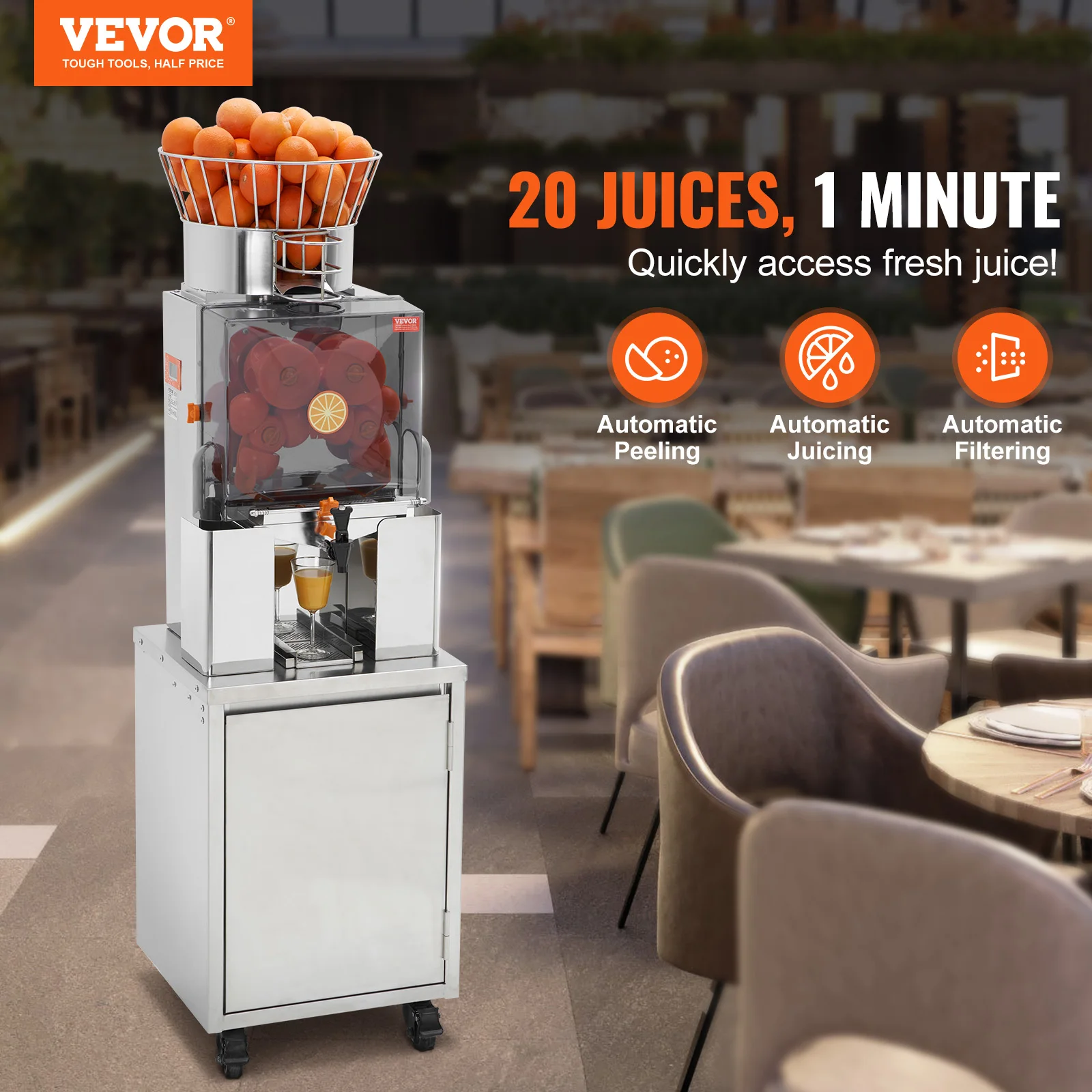 VEVOR Commercial Orange Juicer, 120W Automatic Feeding with Water Tap Stainless Steel 25 Oranges/Min 3 Peel Collecting Buckets