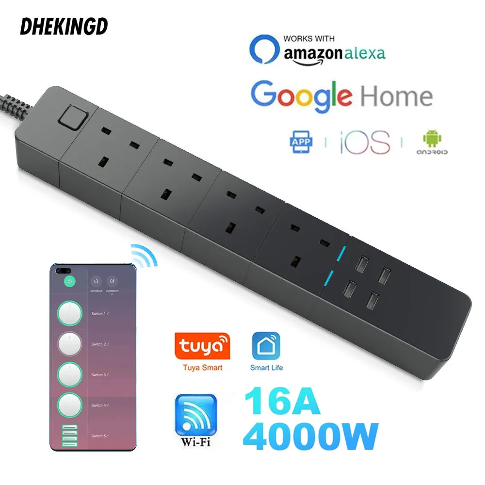 

Умный сетевой фильтр, Wi-Fi, работает с Alexa, GoogleHome, с 4 розетками переменного тока и 4 USB-портами для зарядки, голосовое управление
