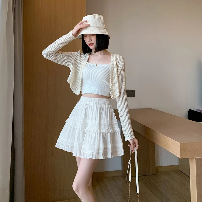 Sweet Cute Lace Mini Skirt Women Kawaii White Ruffles Pleated Short Skirts Woman 2025 Summer Korean High Waist A Line Skirts