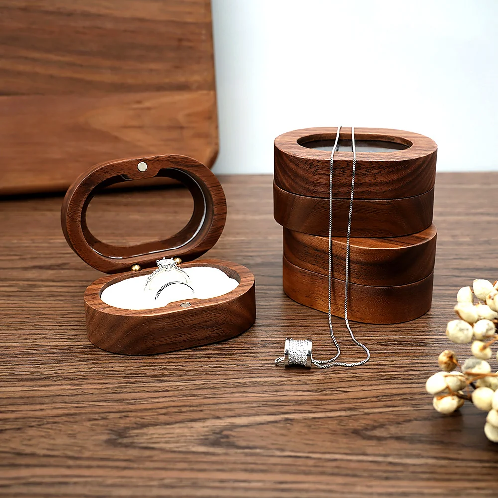 Elliptical Wood Proposal Ring Box Transparent Cover Jewelry Storage Box Necklace Earrings Gift Jewelry Display Packaging Box