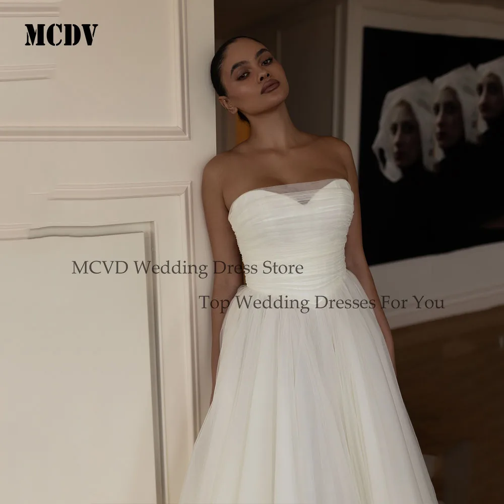 MCDV エレガントなサテンのウェディングドレス プラスサイズ ノースリーブ Aライン ストラップレス ベストド デ ノイバ カスタマイズされたスイープトレイン花嫁ドレス