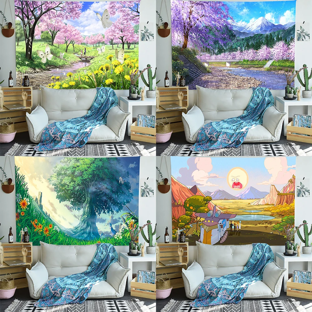 Cartoon Castle Tapestry Green Forest Art Wall Hanging  Dormitory Bedroom Living Room  Home Decoration 