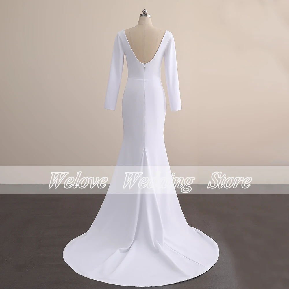 Vestido de novia blanco de sirena Civil, traje de manga larga, cuadrado, tren de barrido, espalda descubierta, personalizado, Simple