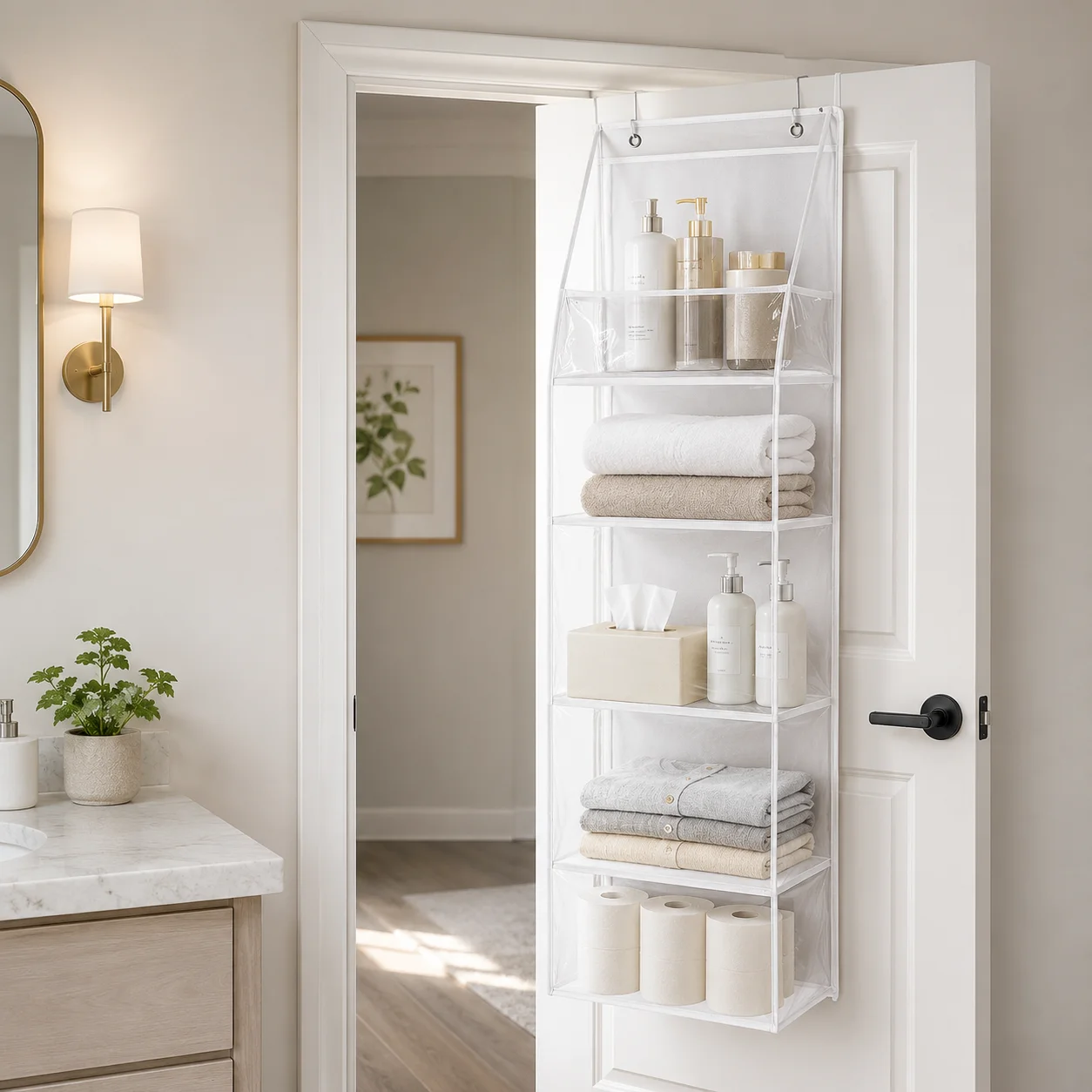 4-Tier Over Door Hanging Organizer Clear PVC Pockets PP Boards for Bedroom Bathroom Clothes Towels Toys Storage
