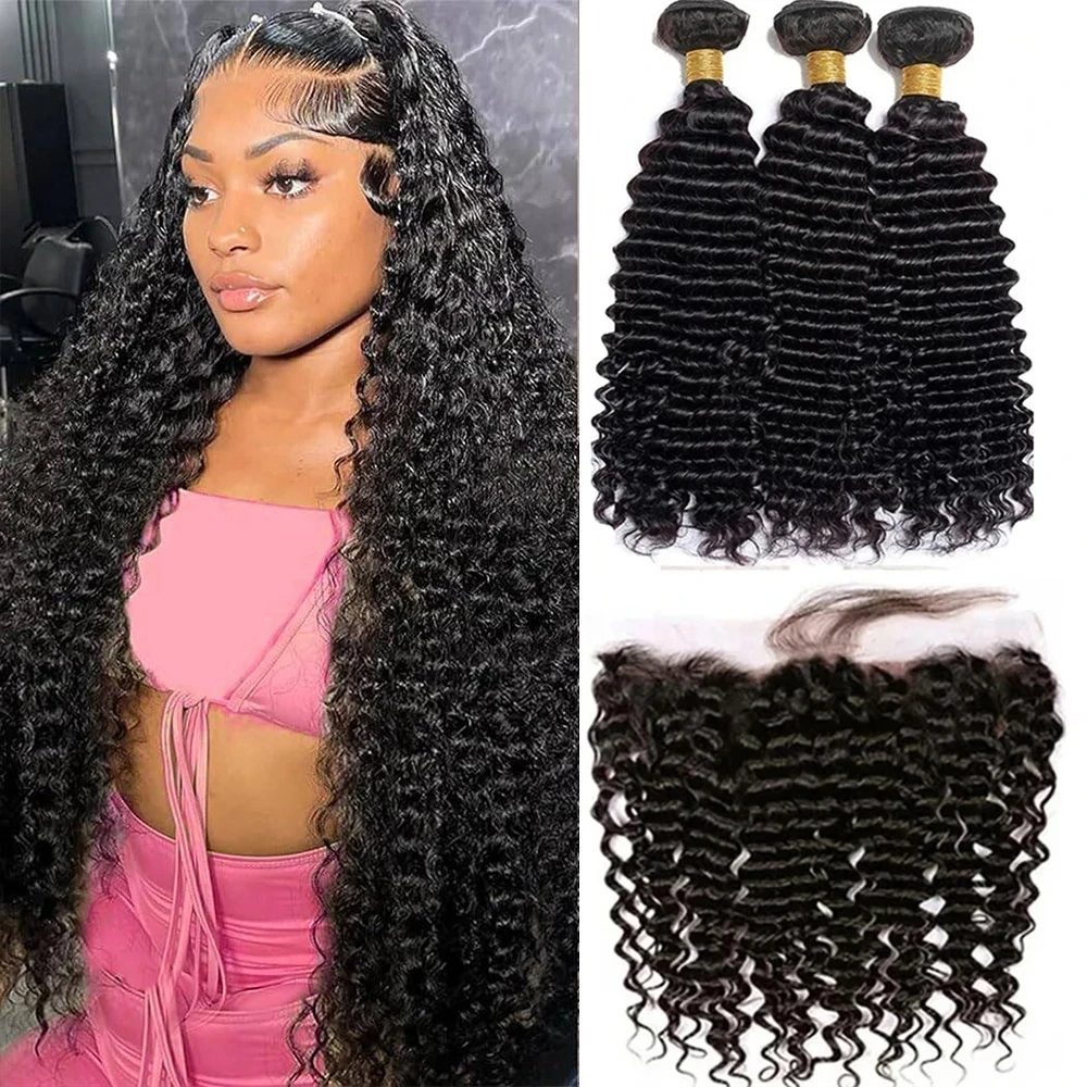 

30, 32-дюймовые пучки человеческих волос с глубокими вьющимися волнами и застежкой спереди 13x4, 3 пучка с фронтальной частью, 100% необработанные человеческие волосы