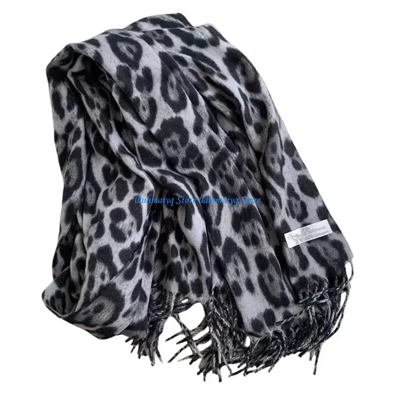 

573B Women's Winter Scarf With Leopard Pattern And Stylish Fringe Detailing Cozy Luxurious Shawl Wrap