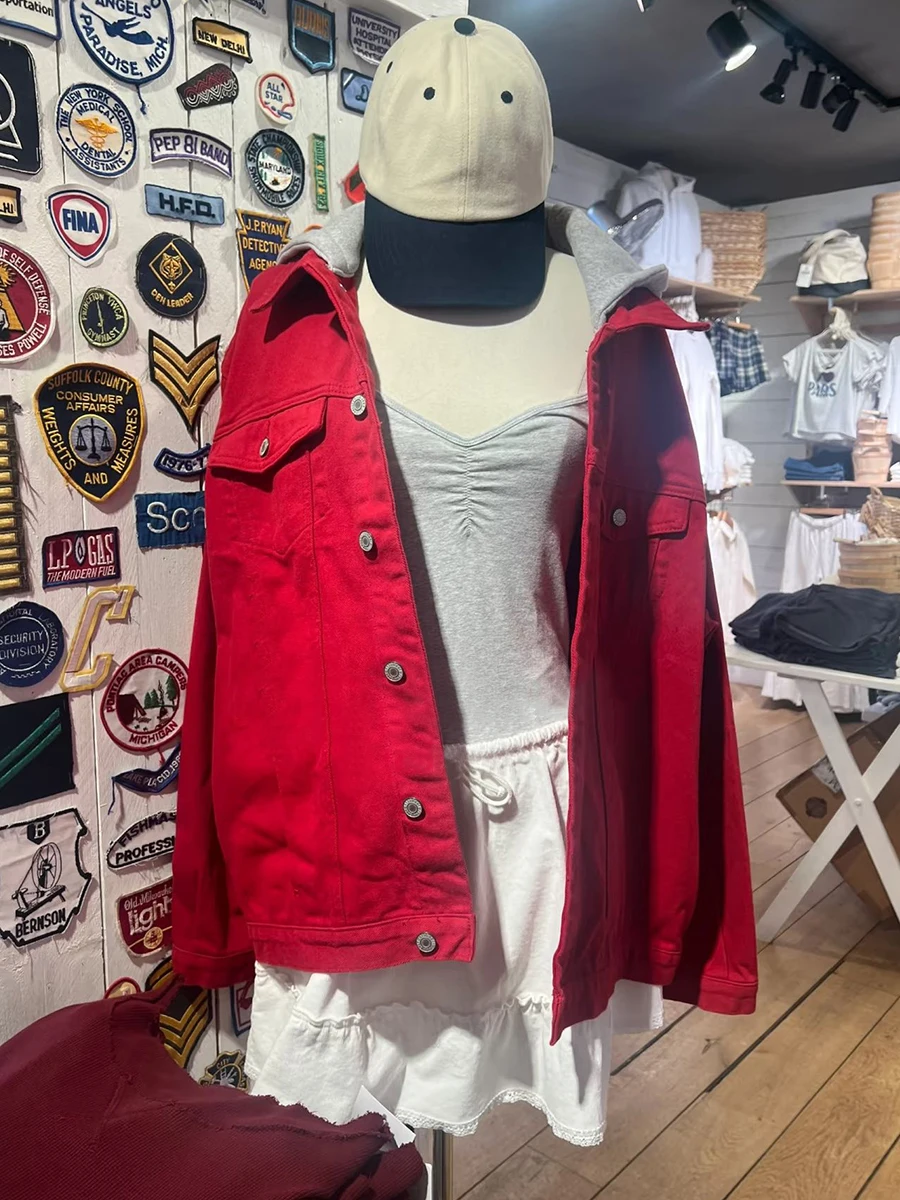 

Red Loose Jackets Woman Winter Single Breasted Long Sleeve Hooded Patchwork Coat Vintage Streetwear Cotton Outerwear Y2k Tops