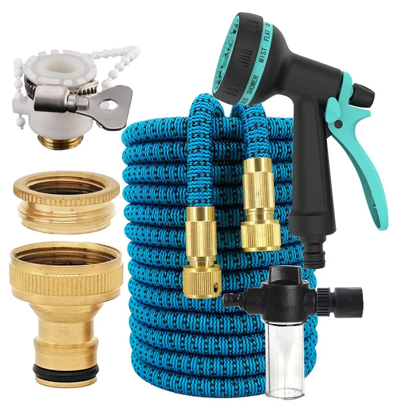Expandable Magic Garden Hose Kit, 8 Patterns High Pressure Water Spray Gun With Foam Pot, Solid Brass Quick Connect Fittings, Fl