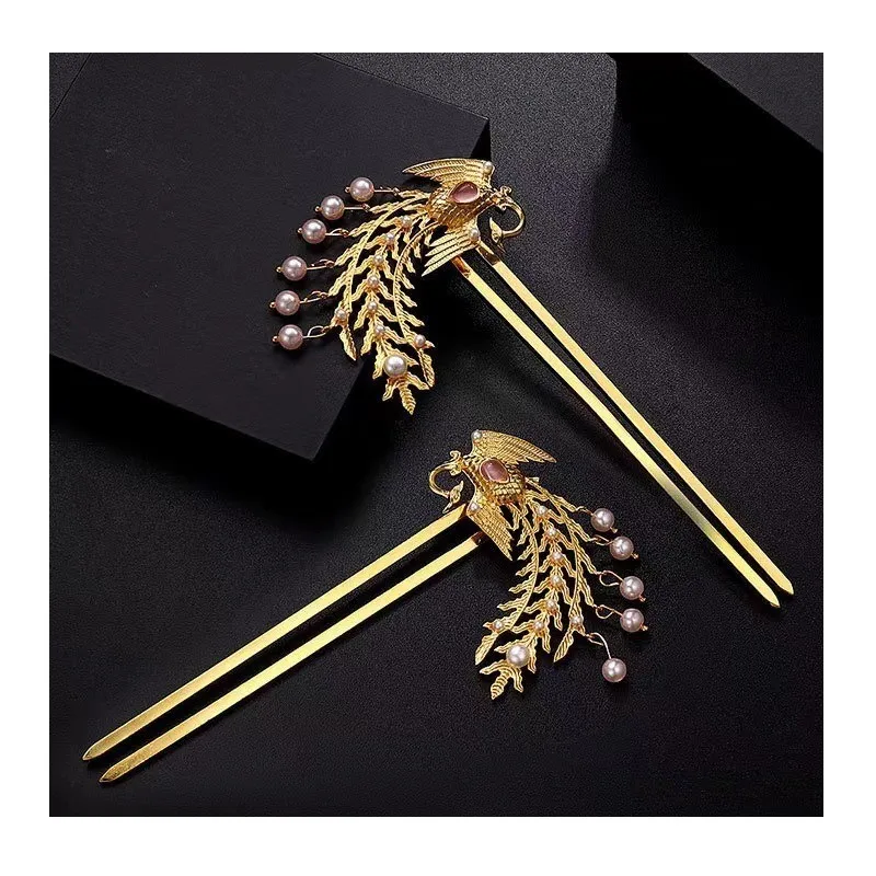 

Phoenix Pearl Step Shake Hairpin Double Hairpin To Hairpin Xiuhe Bride Antique Hanfu Hairpin Copper Gold-plated Gold Hair Access
