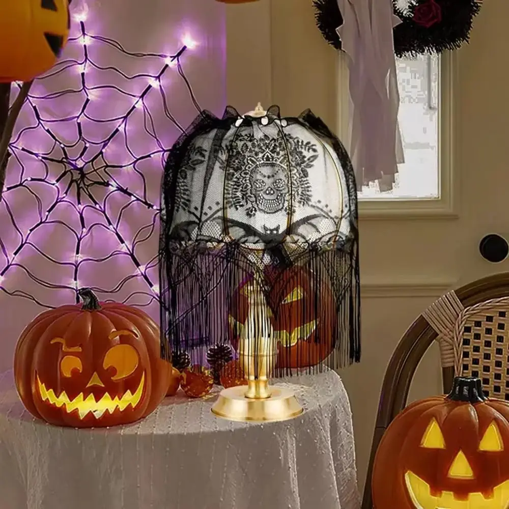 Gothic Style Lace Bat Skeleton Head Lampshade Scary Black Spider Web Lamp Shade Cover Decorative Halloween Coffee Curtain