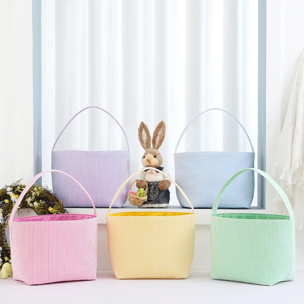 Seersucker Easter Basket Halloween Stripped Bucket Kids Boys Girls Egg Hunt Carrying Gift Tote Bag Toys Party Decoration