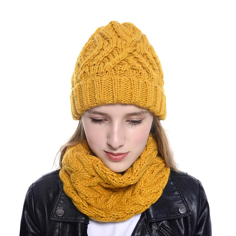 Women Knitted Hat Scarf Sets Winter Warm Knit Pullover Cap Fashion Solid Color Woolen Beanies Scarves Thickened Windproof Bonnet