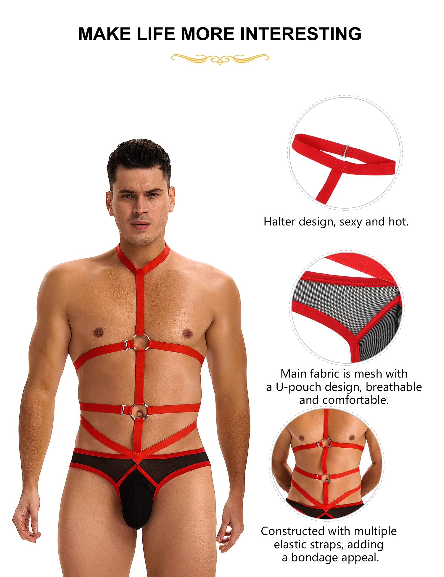 Comeondear Men Underwear Mesh Briefs Red Harness Halter Bondage Bodysuits U-shaped Convex Pouch Hot Panties Sexy Sissy Lingeries