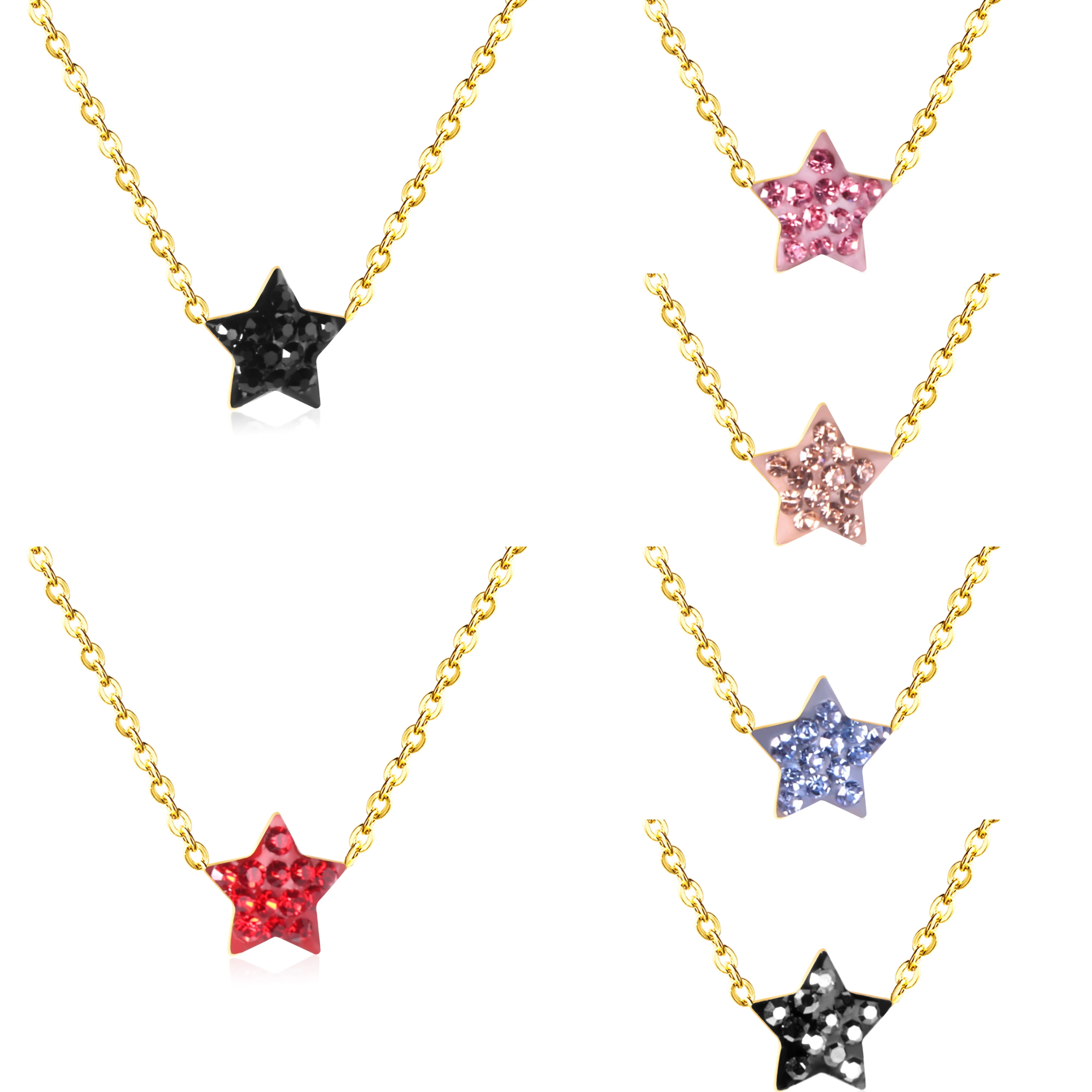 LUXUKISSKIDS Dainty Pendant Necklace Small Star Collier Colorful Rhinestone Black Red Pink Tiny Charm Fashion Romantic Girl Gift