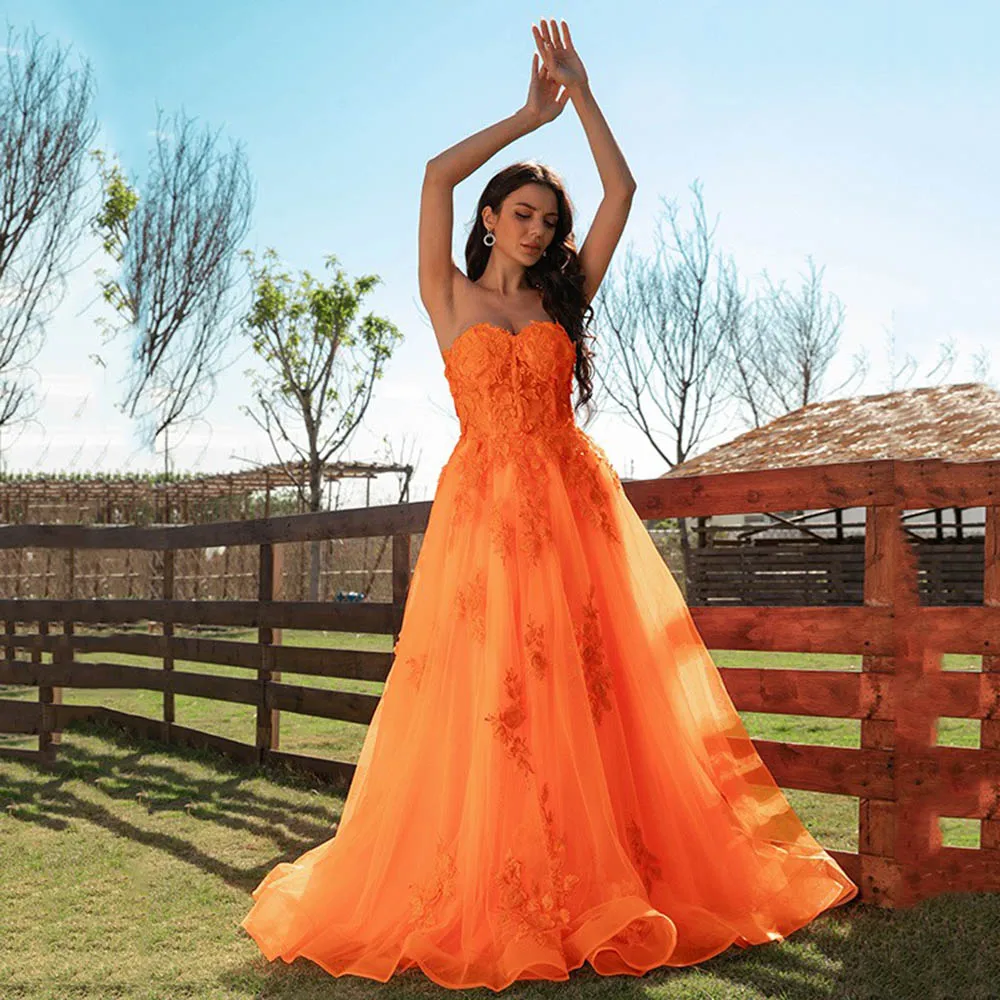 

Orange Evening Dresses Long Sweetheart Applique Floor Length Wedding Guest Gown Backless Formal Prom Party Gowns Custom Made