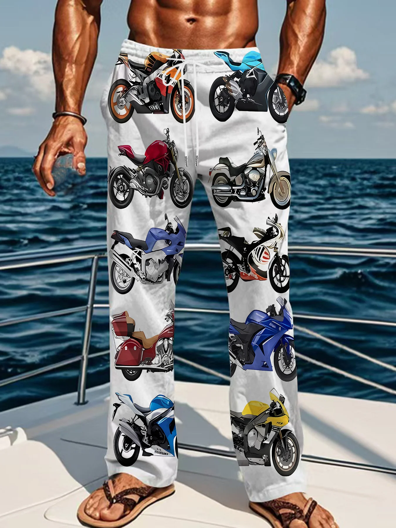 2026 New Western Men's Loose Straight Fit, Trendy Print Motorcycle Style, Multi-Model, Colored Casual Straight Long Pants