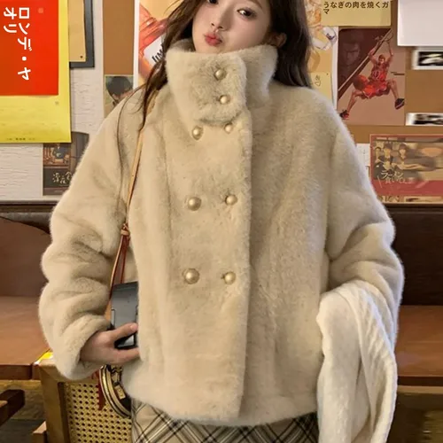 두꺼운 퍼 코트 2024년 겨울 단추 스탠드 칼라 두꺼운 겨울용 고급스러운 스타일리시한 퍼 코트 퍼 재킷 퍼 코트 