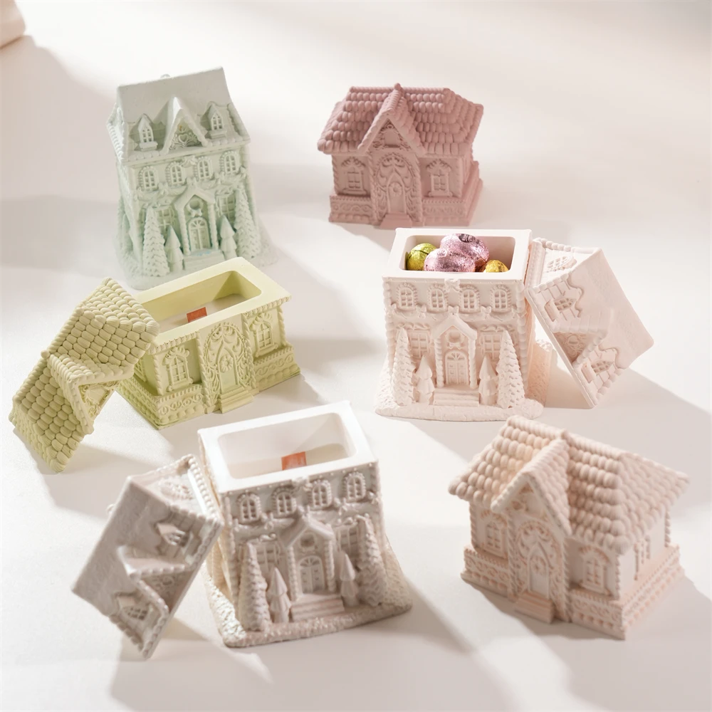 

DIY Home Decoration Wax Melt Burner Plaster Storage Silicone Mould Gingerbread House Candle Jar Concrete Silicone Mold with Lid