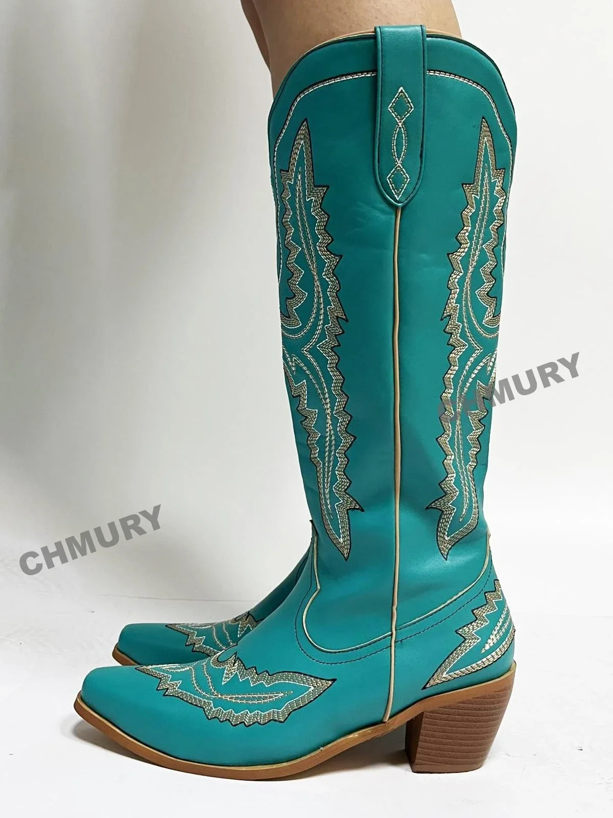 CHMURY Cowboy Western Cowgirl Brown Green Red Wine Knee High Boots Shoes for Women 2024 New Drop Shipping Boot Ladies