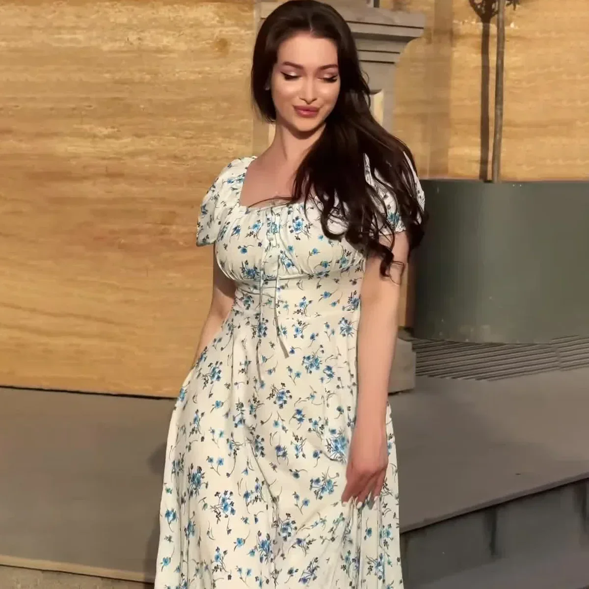 Długa Sukienka Damska Sukienki w Kwiaty Suknia Maxi Bufiaste Rękawy Kwadratowy Dekolt Sznurowana Linia A Elegancka Sukienka Biurowa Słodkie Vestidos Lato 2025