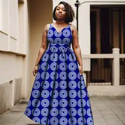 Afripride African Women's Ankara Printed Fabric Dress Customized Loose Bubble V Neck Sexy Big Hem Dress 2425017