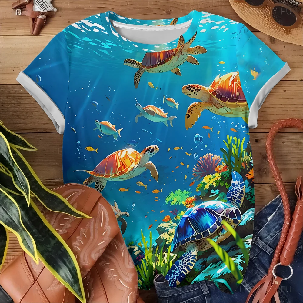 

Женская футболка с синим черепаховым коралловым принтом — вдохновленная природой для лета, повседневная мода и удобные топы Y2k с короткими рукавами