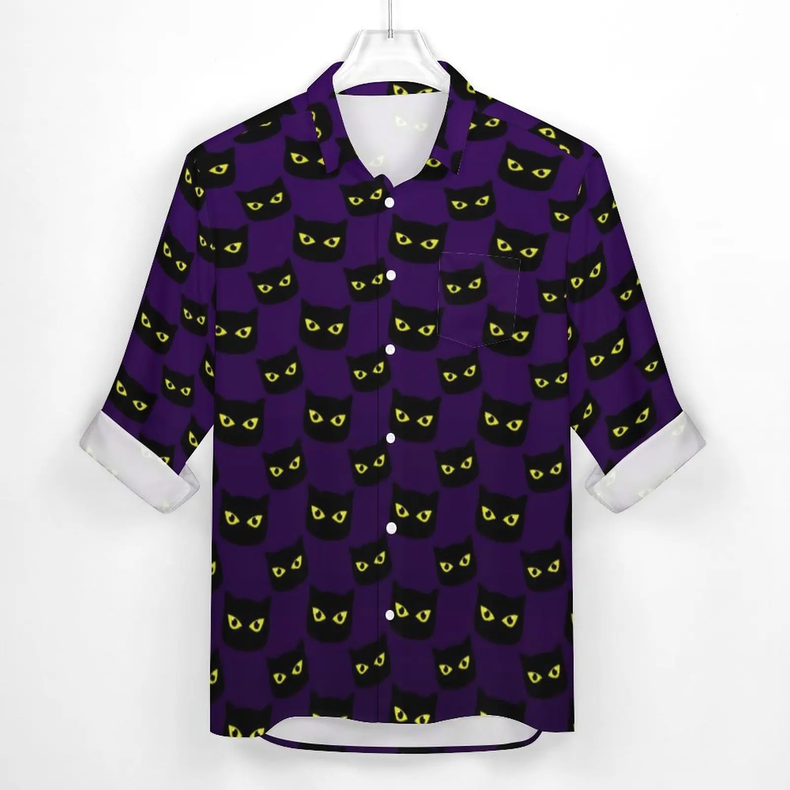 Black And Purple Cats Casual Shirts Male Halloween Print Shirt Long Sleeve Fashion Harajuku Blouses Autumn Tops Plus Size