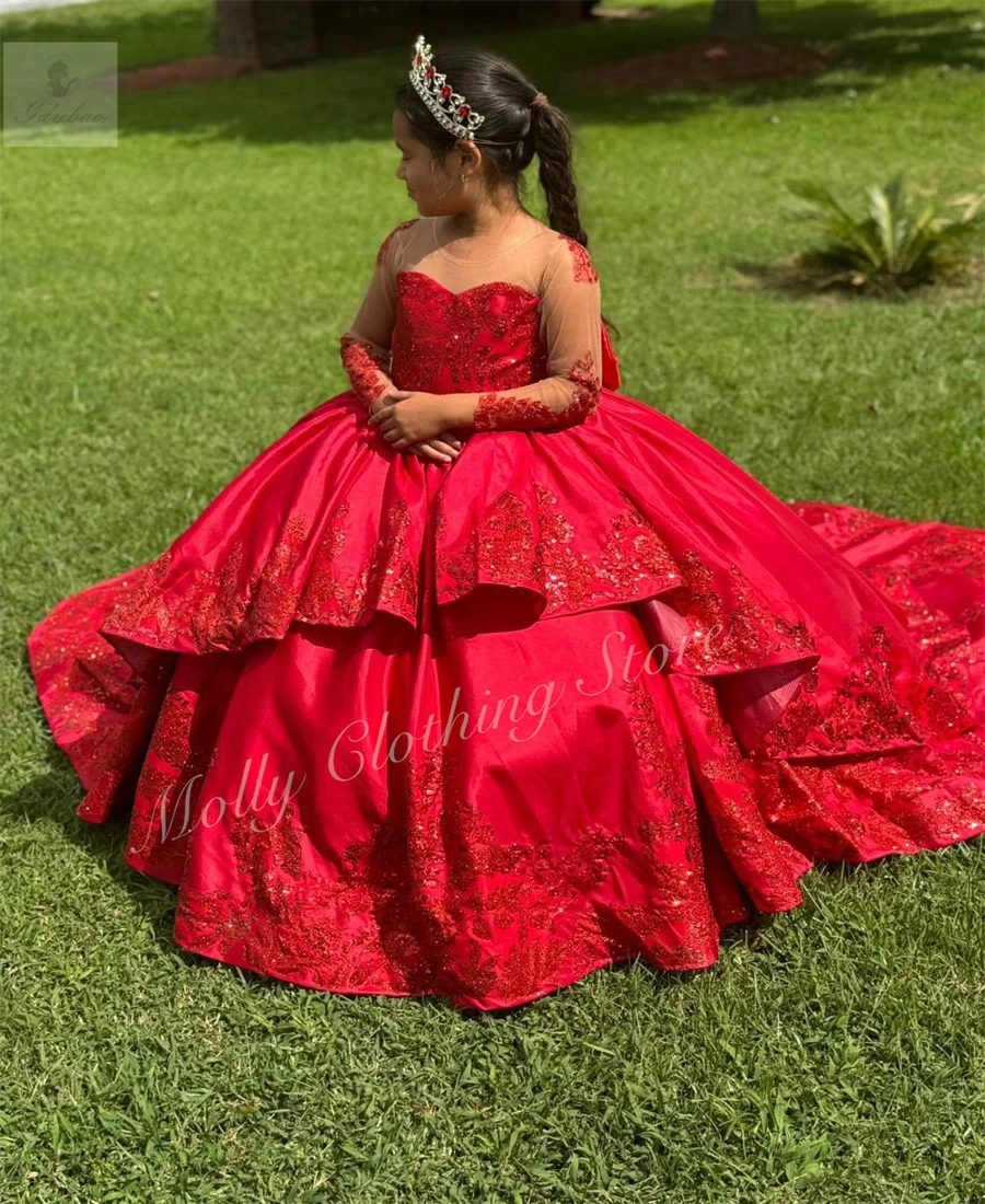 Red Girl Prom Dress Fluffy Big Bow Full Sleeves Trailing Wedding Kids First Communion Formal Event Dinner Dress