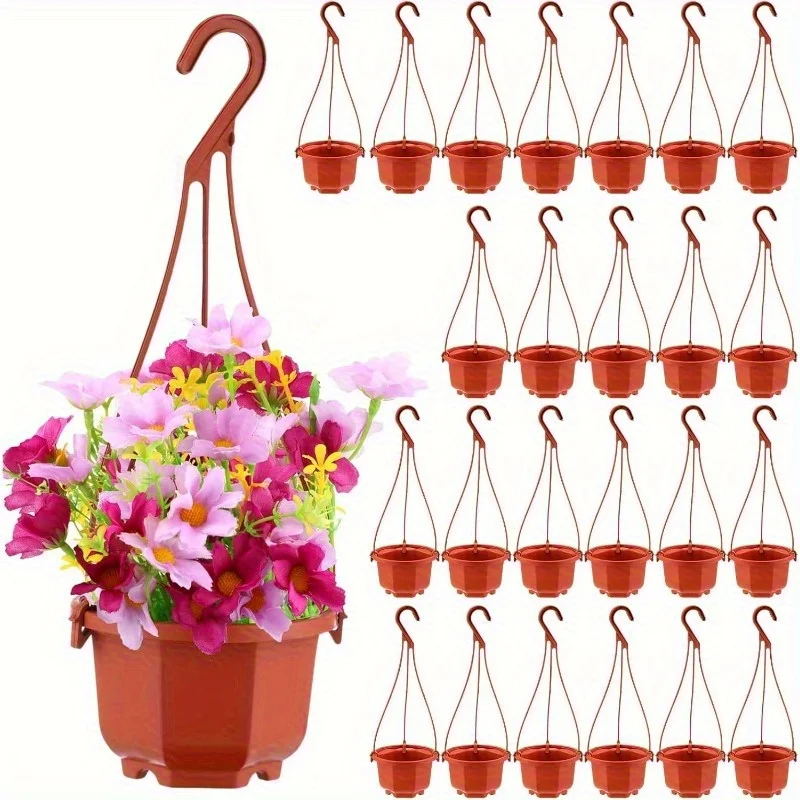Plastic Flower Pots With Hooks 3.7 Inches Brown And White, Hanging Planter Suitable For Garden And Indoor Plant Decoration