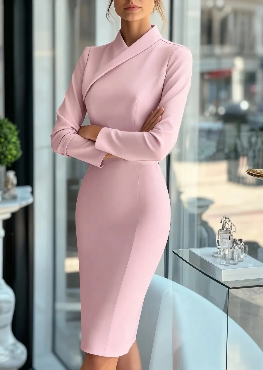 Neue Frühling und Herbst frauen Elegante Kleid Koreanische Pendeln Mode Rosa Langarm Lila Slim Fit Hüfte Midi Kleid